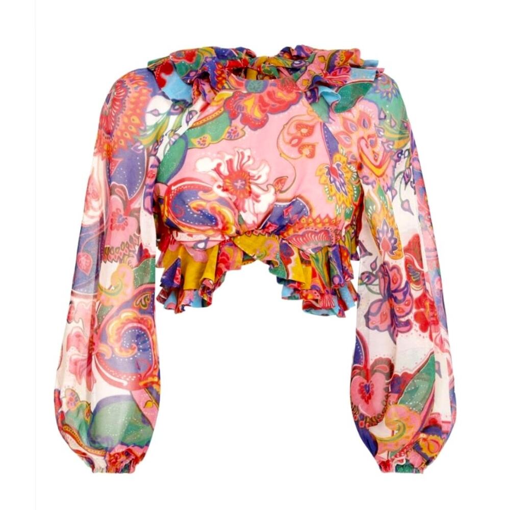 Zimmermann Lovestruck Pink/Multi Tie Bodice Blouse 1/S